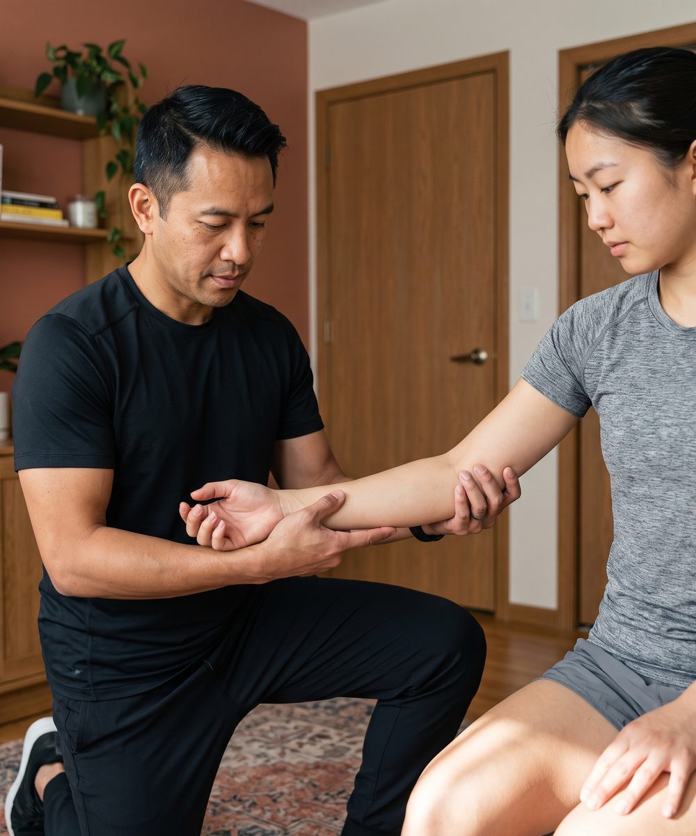 A Doctor of Physical Therapy evaluating elbow and wrist pain at Reach Physical Therapy and Performance in Tooele, UT