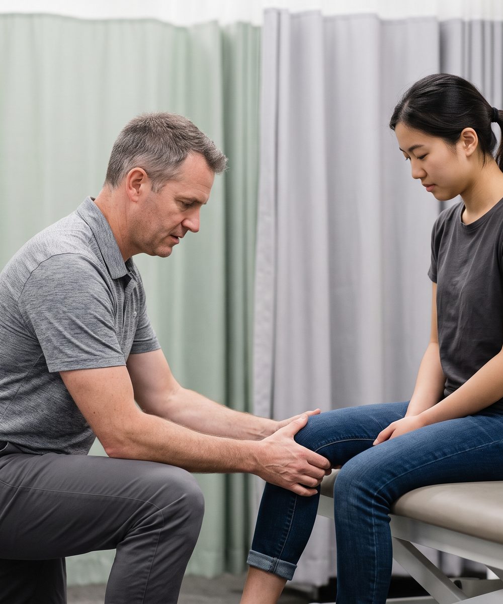 A Doctor of Physical Therapy evaluating knee pain at Reach Physical Therapy and Performance in Tooele, UT
