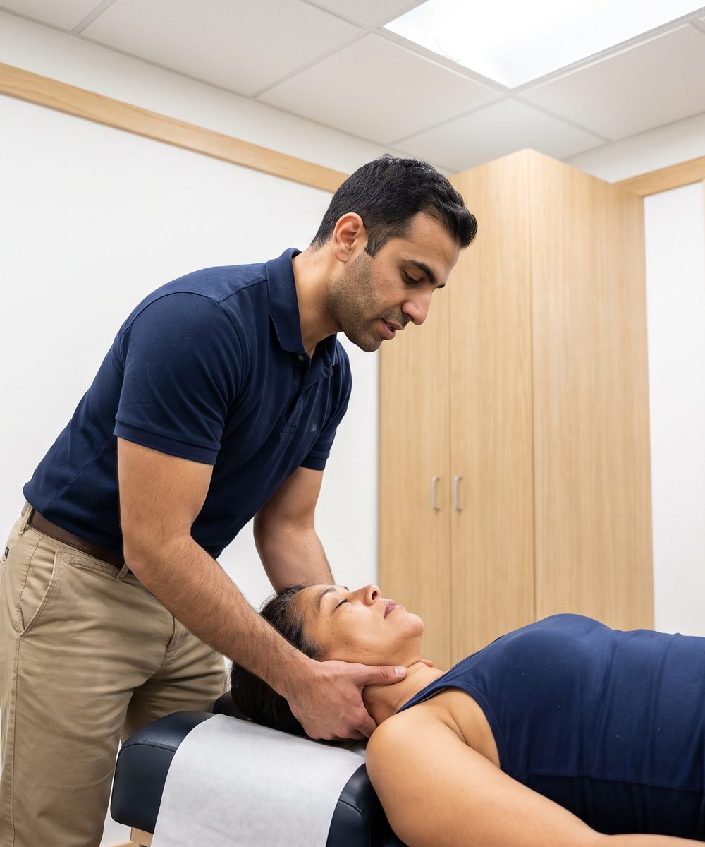 A Doctor of Physical Therapy evaluating neck pain and headaches at Reach Physical Therapy and Performance in Tooele, UT
