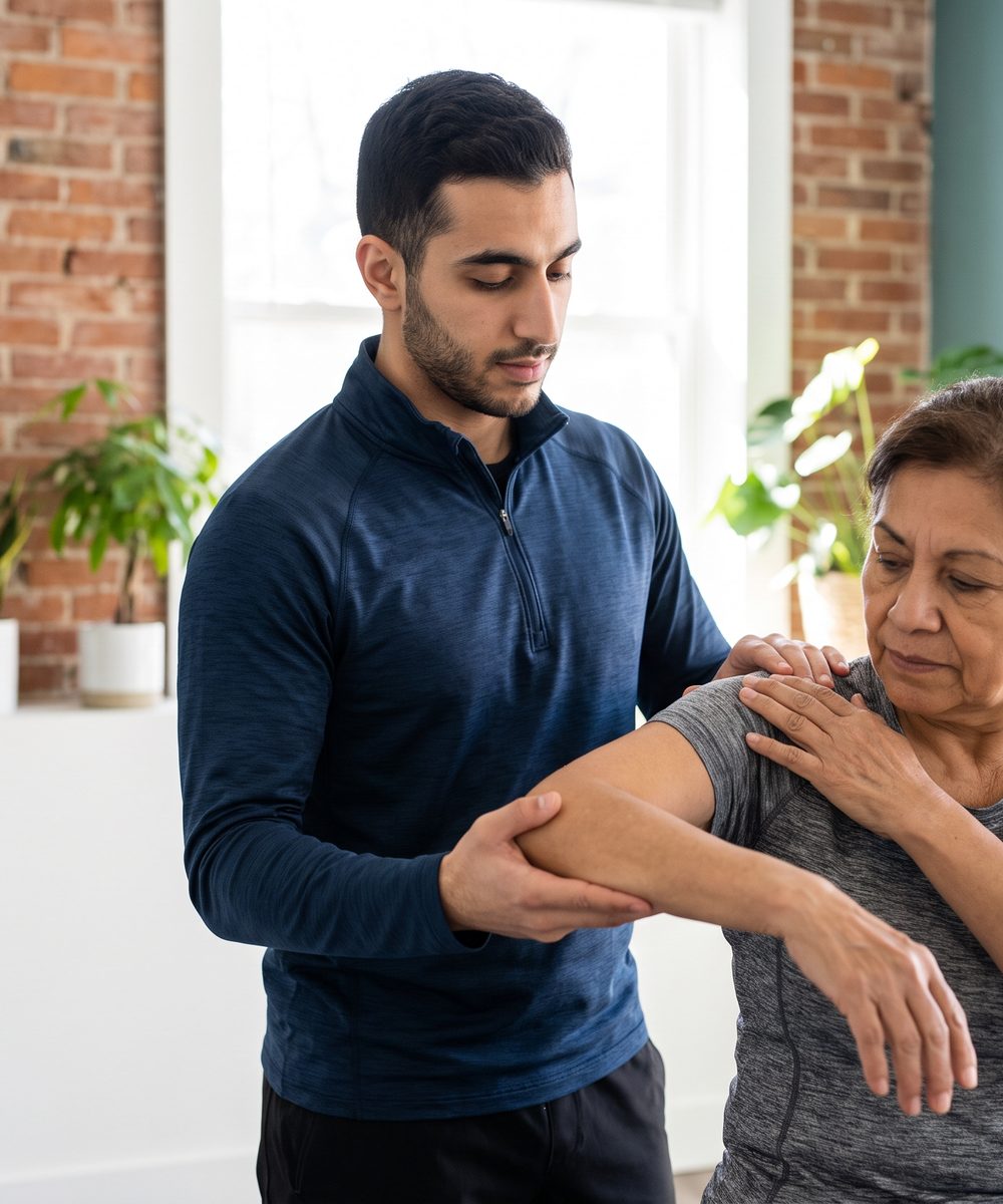 A Doctor of Physical Therapy evaluating shoulder pain at Reach Physical Therapy and Performance in Tooele, UT